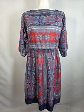 Vintage 70s Paisley Boho Midi Dress Red Blue Smocked Waist Prairie Festival Wome